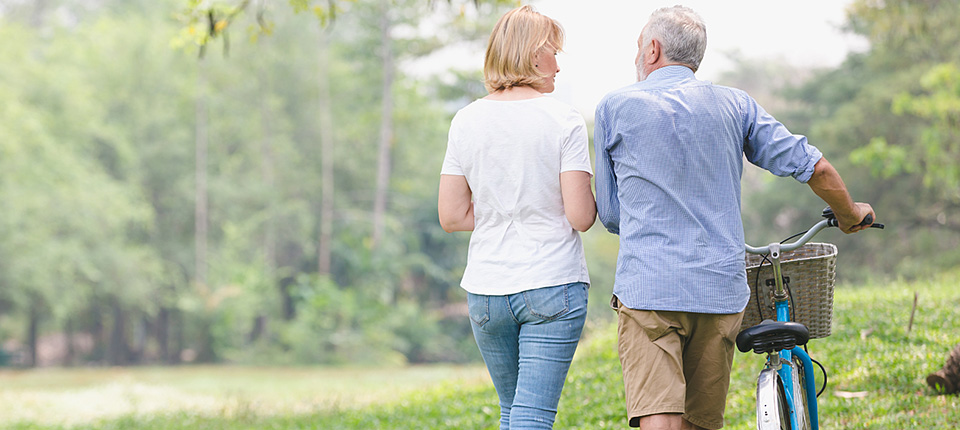 Senior couple walking their bike along happily talking in park; Shutterstock ID 1024594579; PO: 123