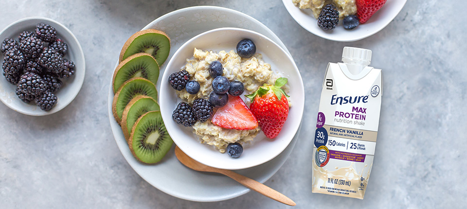 picture of Ensure max protein drink, cereal and fruits